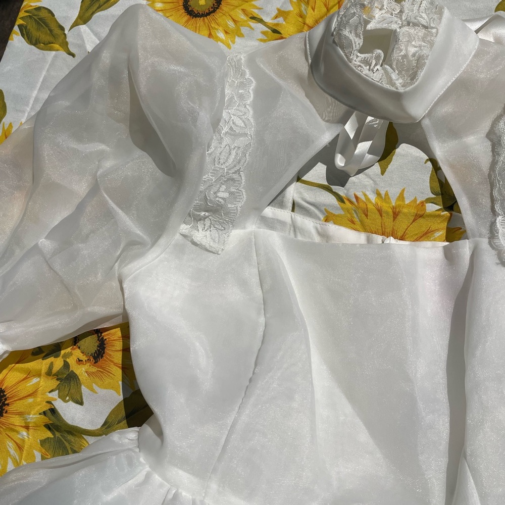 Selkie White Organza and Lace Detail Mini Dress